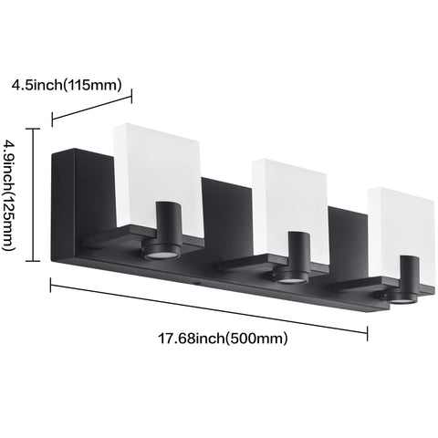Matte Black 3 Light LED Vanity Fixture for Bathroom Over Mirror, White Acrylic Shades, Dimmable, IP44 Waterproof Wall Lighting, Modern Slick Vanity Bar