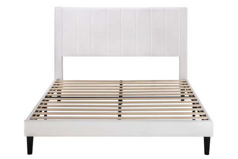 Full Size Velvet Upholstered Bed Frame With Channel Tufted Headboard And Heavy Duty Wooden Slats Platform Bed Base No Box Spring Required Easy Peasy Assembly straight on view of white velvet bed frame