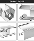 Stainless Steel Toilet Paper Holder With Built In Phone Shelf And Towel Hooks Adhesive Or Screw Mount Wall Mounted Bathroom Tissue Roll Organizer In Polished Chrome, showing four detailed angles of the holder.
