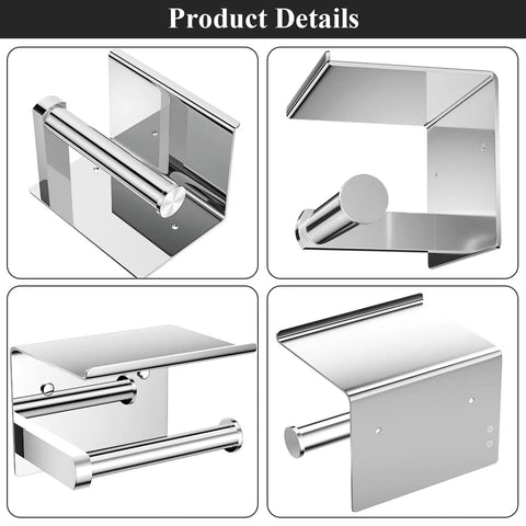 Stainless Steel Toilet Paper Holder With Built In Phone Shelf And Towel Hooks Adhesive Or Screw Mount Wall Mounted Bathroom Tissue Roll Organizer In Polished Chrome, showing four detailed angles of the holder.