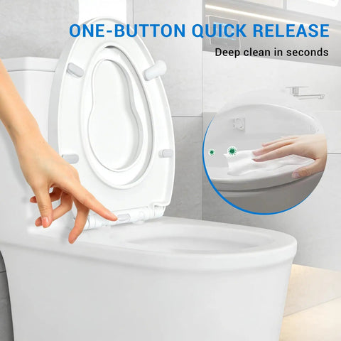 Elongated Toilet Seat With Quiet Soft Close Lids And Integrated Child Seat Featuring No Sweat Touchless Handle Design In Crisp White For Smooth Hassle Free Bathroom Comfort