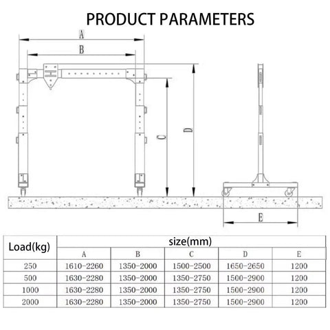 Diagram of Heavy Duty Portable Aluminum Gantry Crane With Adjustable Height showing dimensions and load capacities.