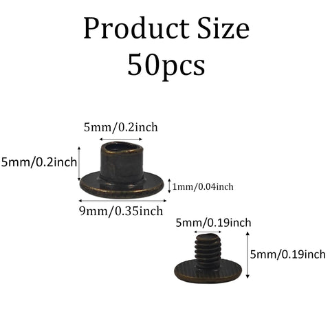 50 Pack Top Rated Heavy Duty M5 X 5mm Chicago Screws With Phillips Head For Leather Work And Bookbinding Antique Bronze Binding Posts showing size details.