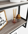 Industrial Over Toilet Bathroom Shelves With Towel Rack 2 Tier Wall Shelf Set with décor items on gray shelves, black brackets