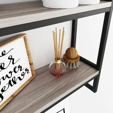 Industrial Over Toilet Bathroom Shelves With Towel Rack 2 Tier Wall Shelf Set with décor items on gray shelves, black brackets