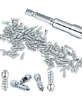 Badass Carbide Tire Studs With Snap On Tool 50 Pack Anti Skid Snow Spikes For Winter Wheels Car Truck Suv Bike, close-up of spikes
