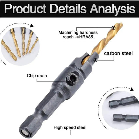 Close-up of Five Piece Countersink Drill Bit Set For US Wood Screws Includes Size 5, 6, 8, 10, 12, showing chip drain and hex shank