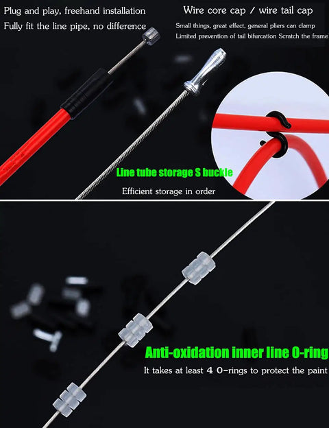 Close-up of Two In One Universal Bike Brake And Shifter Cable Kit with S buckle and O-rings for anti-oxidation, black color.