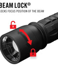 2600 Lumen USB C Rechargeable LED Flashlight With Slide Focus And Pure Beam Optic, black finish, beam lock feature displayed