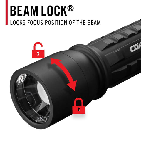 2600 Lumen USB C Rechargeable LED Flashlight With Slide Focus And Pure Beam Optic, black finish, beam lock feature displayed