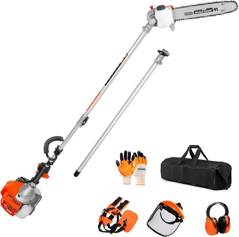Gas Powered Pole Saw With Adjustable 90 To 180 Degree Head For A Beastly 15 Ft Reach Includes 12 Inch Bar And Chain And 38 Inch Extension