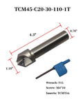 Chamfering turning tool holder with 3/4 in shank and carbide insert tip; blue T15 wrench included.