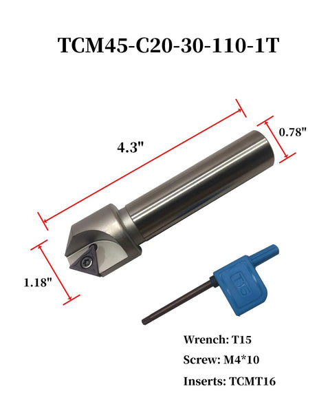 Chamfering turning tool holder with 3/4 in shank and carbide insert tip; blue T15 wrench included.