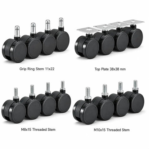 Assorted Heavy Duty 2 Inch Caster Wheels 360 Degree Swivel Black Furniture Casters With M8 And M10 Threaded Stem Or Top Plate