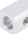 Close-up of Beefy Aluminum Pneumatic Air Manifold Block showing 1/2 NPT inlet and 1/4 NPT outlet ports for compressors.