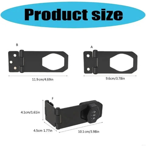 Gate Locks Twist Hasp Latches Without Combination Lock, size details showing dimensions for models A, B, and F in black.