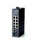 10 Port PoE Gigabit Unmanaged Industrial Ethernet Switch with DIN Rail, UL listed, fanless, IP30 housing for industrial use.