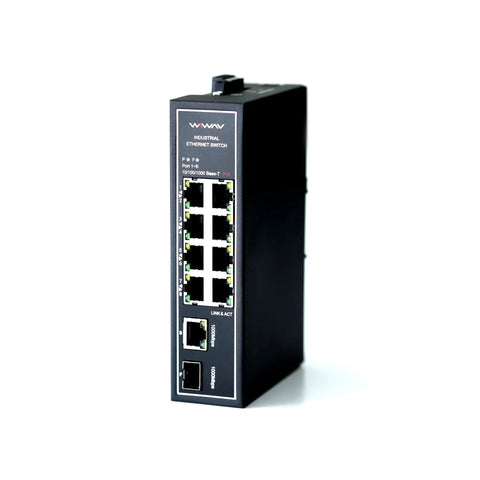 10 Port PoE Gigabit Unmanaged Industrial Ethernet Switch with DIN Rail, UL listed, fanless, IP30 housing for industrial use.