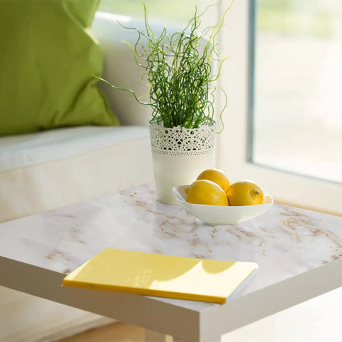 Gold White Marble Contact Paper Peel And Stick For Countertops And Furniture Matte Waterproof Self Adhesive Wallpaper Removable Durable 11.8 By 118 Inches Easy To Clean on table with lemons and plant