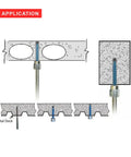 Application diagram for Hang Threaded Rod Anchor for concrete and steel showing installations through metal deck and concrete.