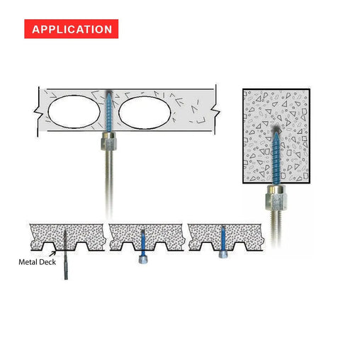Application diagram for Hang Threaded Rod Anchor for concrete and steel showing installations through metal deck and concrete.