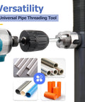 Mesee 3 Piece Pipe Threading Tool Kit With Internal External Tube Thread Cutter For 1/2 Inch 3/4 Inch And 1 Inch PVC Pipes Featuring drill attachment with dual function use.