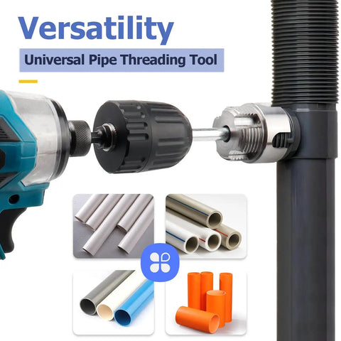 Mesee 3 Piece Pipe Threading Tool Kit With Internal External Tube Thread Cutter For 1/2 Inch 3/4 Inch And 1 Inch PVC Pipes Featuring drill attachment with dual function use.