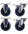 Heavy Duty Furniture Casters Featuring Dead Silent Rollers And Dual Locking Brakes For Easy Gliding Cart Assembly Premium Industrial Strength Shock Absorbing Blue Casters in a pack of four.