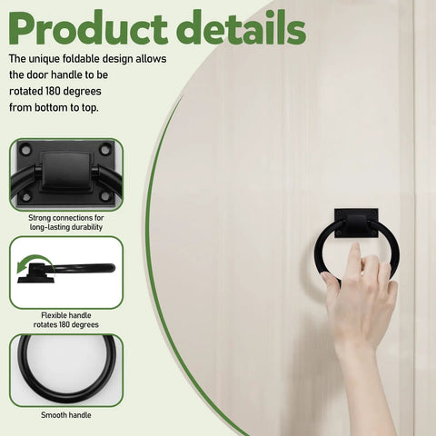 Image of a hand holding one of the Three Pack Black Sliding Barn Door Ring Pulls With Screws Zinc Alloy Door Handles For Outdoor Use illustrating its rotation.