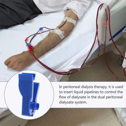 Ten Pack Peritoneal Tubing Clips And Clamps For Dialysis Care on patient arm with blue clip detail
