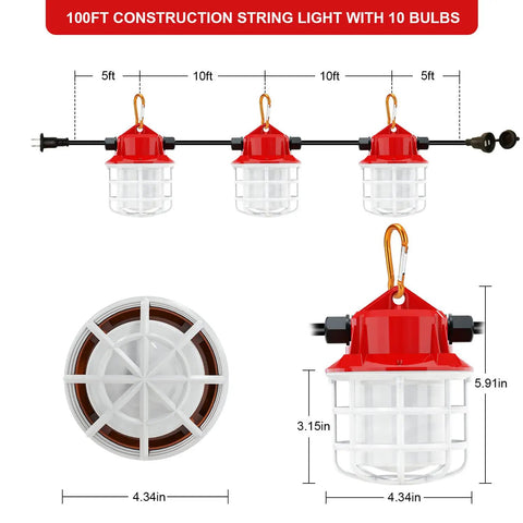 Rugged 100 Foot Construction String Lights Set, 150 Watt Total 15000 Lumens with three bulb measurements shown
