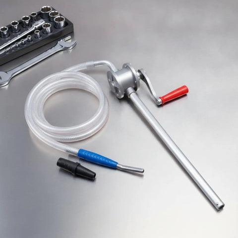 Super Handy Gralaria Manual Oil Transfer Pump For Mechanics And Garage Pros With 2M Hose Plus 32Cm Inlet Pipe on a table with accessories.