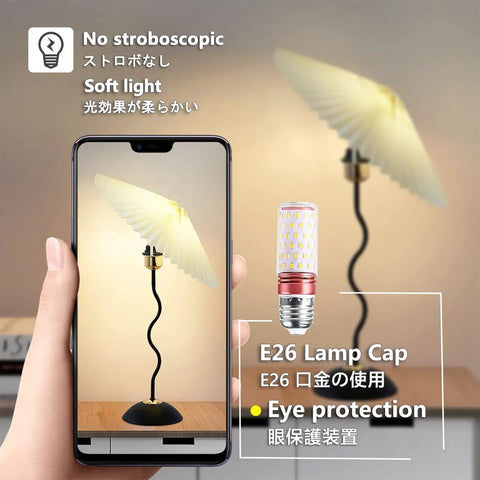 Harp Folding Lamp Set Two Pieces, Modern Umbrella Pleated Desk Lamp With White Shade shown with a smartphone in hand, text overlay.