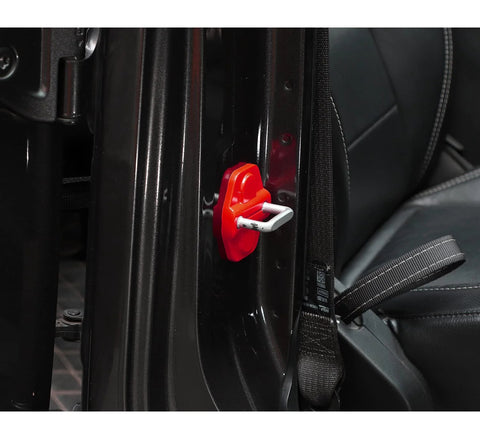Door lock cover trim, red ABS, for Jeep Wrangler JL/JLU and Gladiator JT, installed on door jamb.