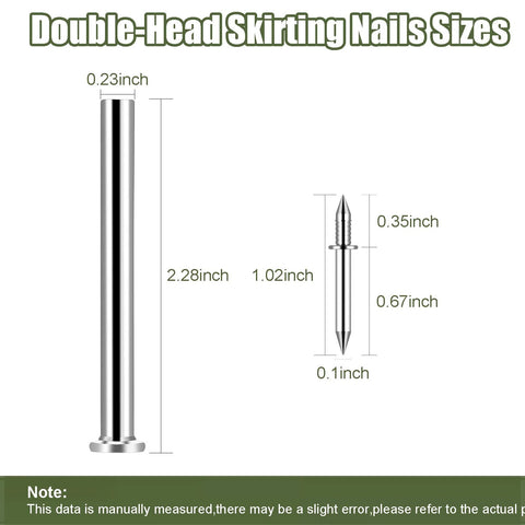 Double Headed Skirting Nails With Six Sleeve Tools For Invisible Seamless Baseboard Installation And Trim, 2 Sided Design For 360 Grip And Easy Angled Driving, Value Pack Of 600 Nails size diagram