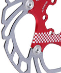 Close-up of 203mm Floating Disc Brake For Mountain Bikes With CNC Precision, red aluminum bracket and silver finish