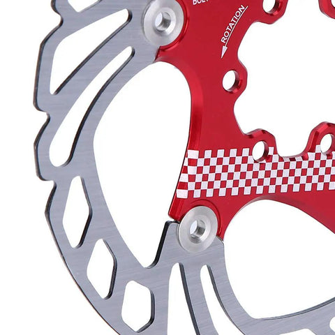 Close-up of 203mm Floating Disc Brake For Mountain Bikes With CNC Precision, red aluminum bracket and silver finish