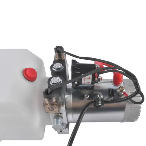 12V Double Acting Electric Hydraulic Pump Power Unit With 6L Tank For Auto Repair And Workhorse Lifting Platforms Or Small Dump Jobs, 6 Quart Plastic Reservoir, Horizontal Mount, SAE6 Ports, Translucent Tank close-up