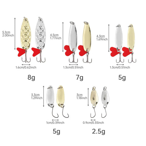 10 Piece Metal Spoons Lures Kit With Hooks Tackle Box Hard Fishing Lures Sequin Baits for Trout Panfish Bass, size comparison image