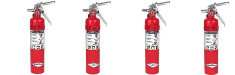 Top Tier 2.5 Lb Abc Dry Chemical Fire Extinguisher Pack With Wall Bracket Four Unit displayed in a row, ready for emergency use.