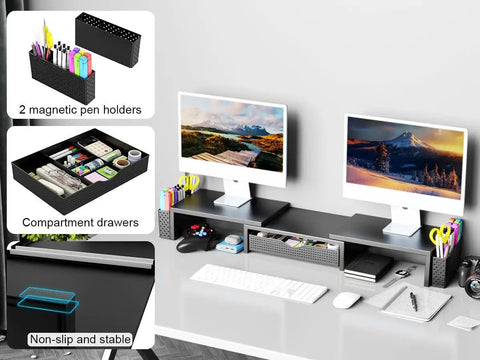 Dual Monitor Stand Riser With Drawer And Pen Holders Desk Organizer And Book Racks For Office Desk Accessories Boss Level Workspace Organizer For Two Monitors In Black, shown installed with two monitors on a desk.