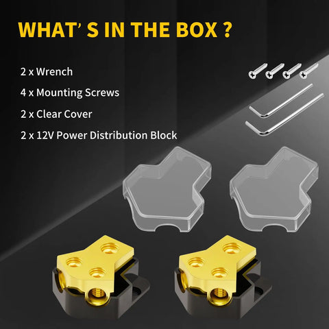 Heavy Duty 12V Car Audio Power Distribution Block 2 Way In 0 2 4 Gauge To Out 4 6 8 Gauge Amp Splitter For Automotive Marine Boat 2 Pack Easy Install Grounded Power Hub kit with screws, wrenches, and clear covers