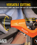 Front view of Klein Tools Constant Swing tubing cutter, orange, for copper and aluminum, 1/8–1-3/8 in O.D.