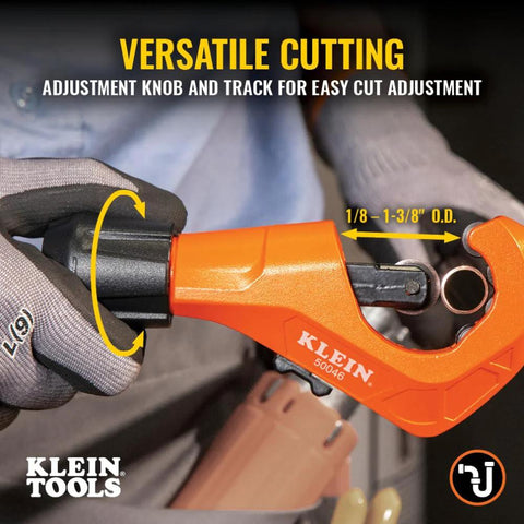 Front view of Klein Tools Constant Swing tubing cutter, orange, for copper and aluminum, 1/8–1-3/8 in O.D.