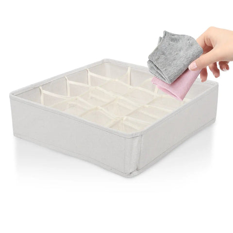 Sturdy Fabric Drawer Organizer Box With Segmented Compartments For Socks Underwear And Clothing Sorter, beige fabric with six sections