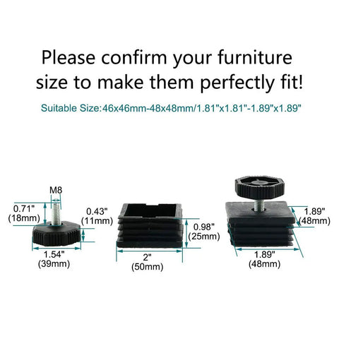 Dimensions of Adjustable Leveling Feet Kit For 2 By 2 Inch Square Tubes And Desk Legs Furniture Glide Levelers 4 Sets