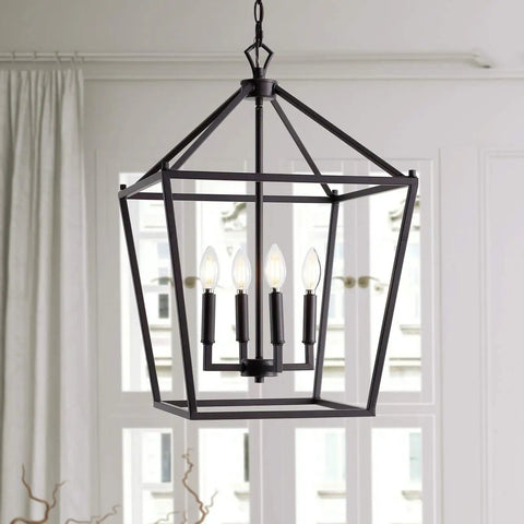 Oil Rubbed Bronze Lantern Pendant Light With 4-Light Pagoda Style Metal Cage Farmhouse Hanging Ceiling Fixture For Kitchen Island LED Bulbs Included Right Now against a bright window background.