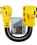 Close-up of NEMA 6-50P to 14-50R EV Charger Adapter Cord For Tesla And Other EVs, 1ft, yellow connectors, 6 AWG cable