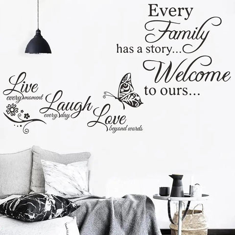 Two Pack Family Inspirational Wall Decals With Motivational Quotes Vinyl Stickers Live Every Moment Laugh Every Day Love Beyond Words Decor For Home Or Office on living room wall with couch and lamp