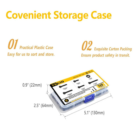 144 Piece M5 M6 Socket Head Cap Screws Kit in plastic storage case with dimensions labeled